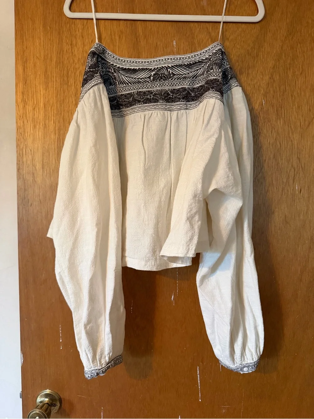 Free People Embroidered Ivory Cropped Peasant Top